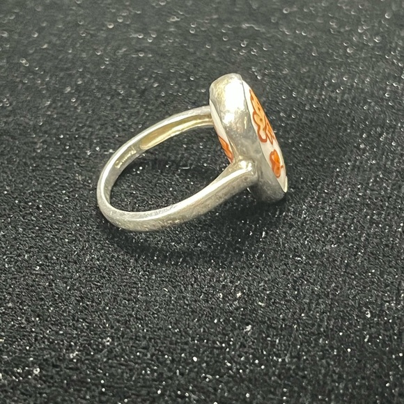 1556 vintage sterling silver ring with broken china porcelain flower inlay - Picture 2 of 6